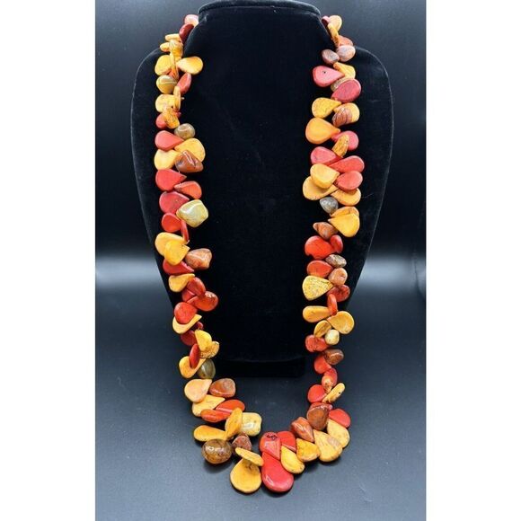 Artisan Statement Necklace Orange Red Dyed Teardrop & Natural Agate Silver Clasp - Picture 1 of 9
